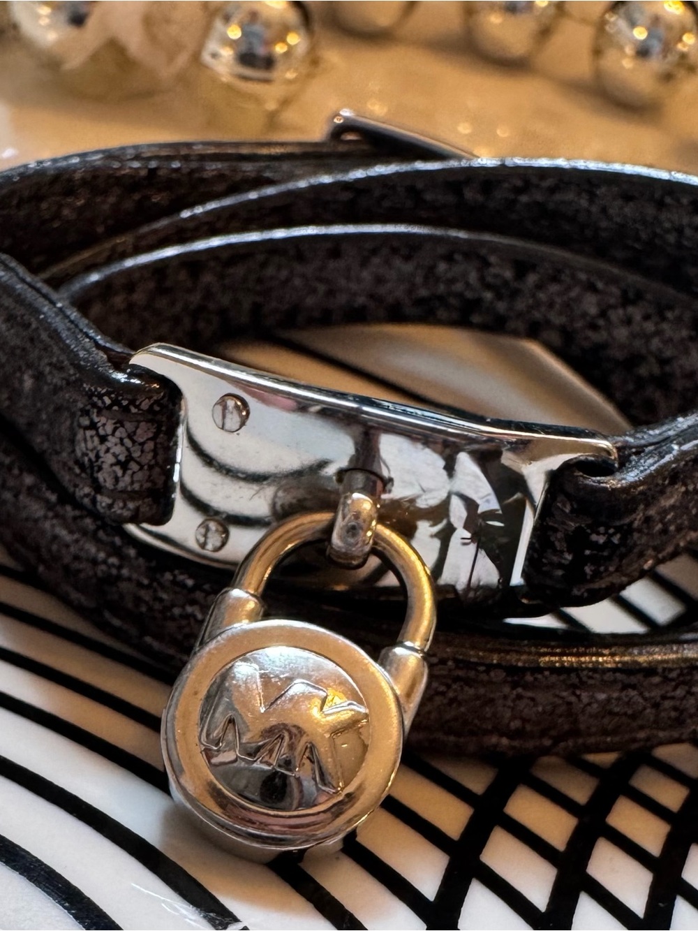 Michael Kors Metallic Gunmetal Triple Wrap Bracelet with Logo Padlock